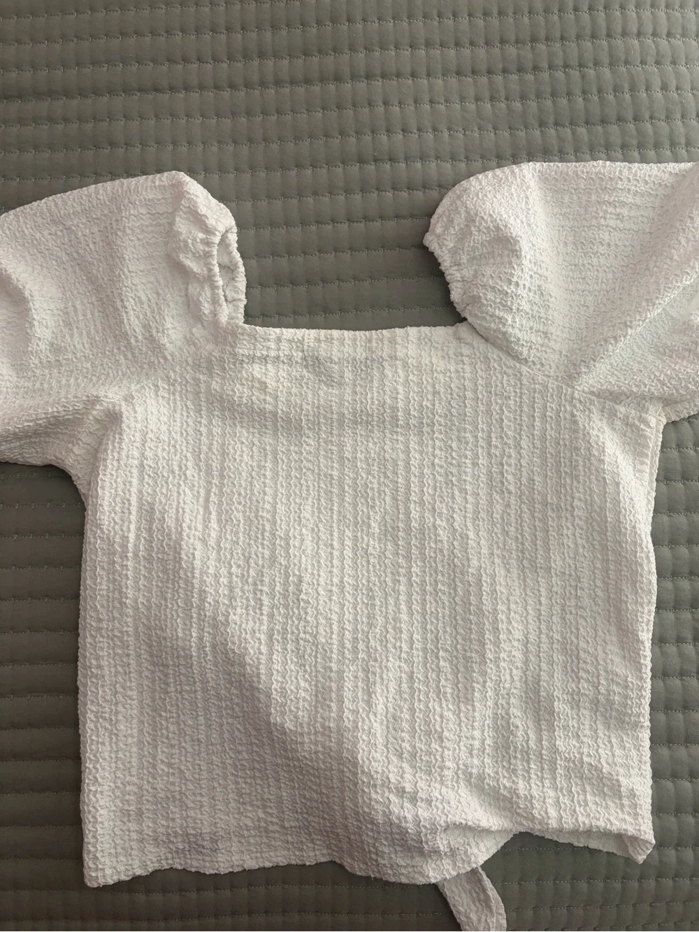 LOFT White Textured Tie-Knot Square Neck Puff Sleeve Top